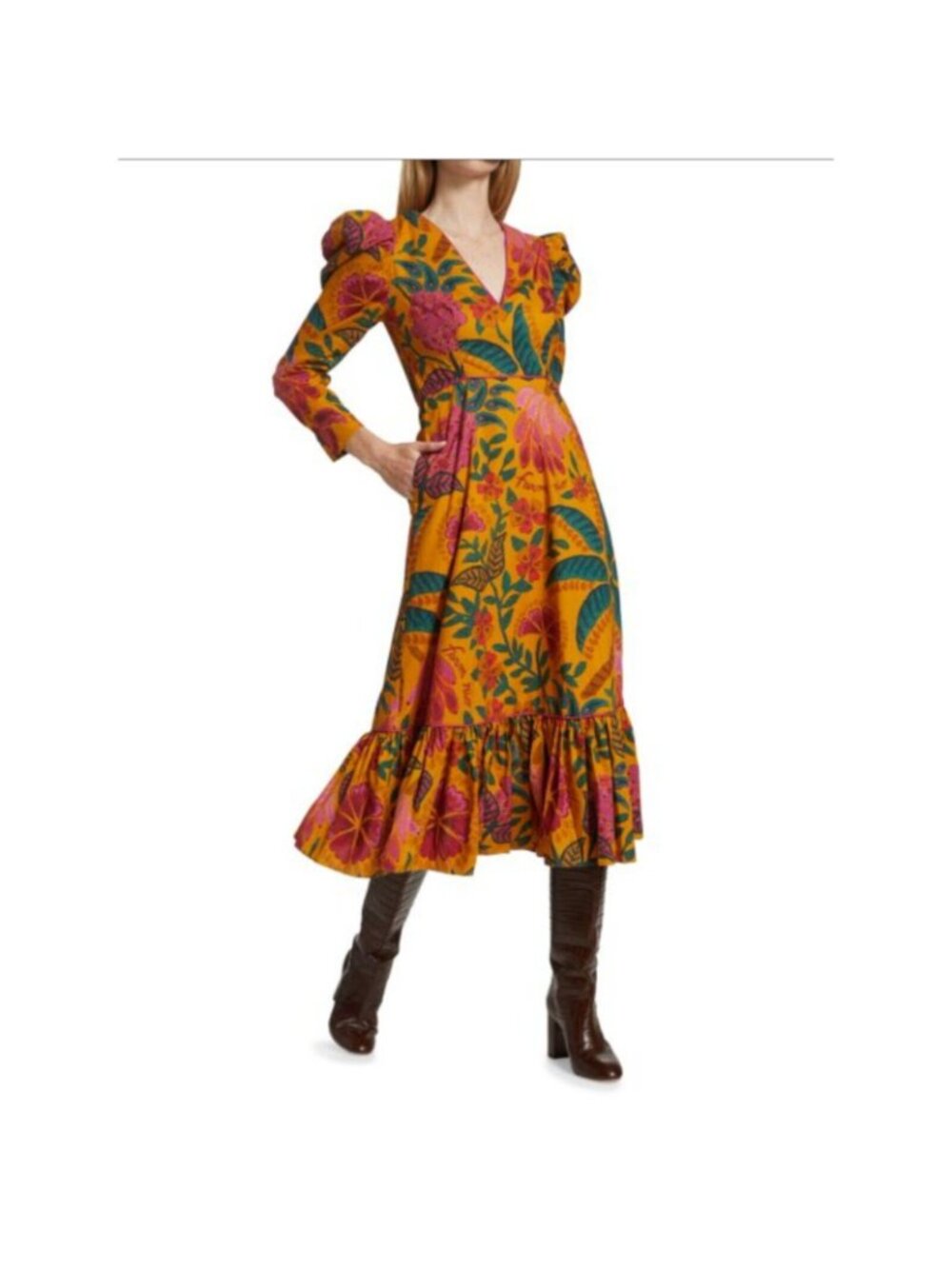 Farm Rio Midi Dress  Puff Long Sleeve Print Cotton Yellow  Small New With Tag - Picture 3 of 7